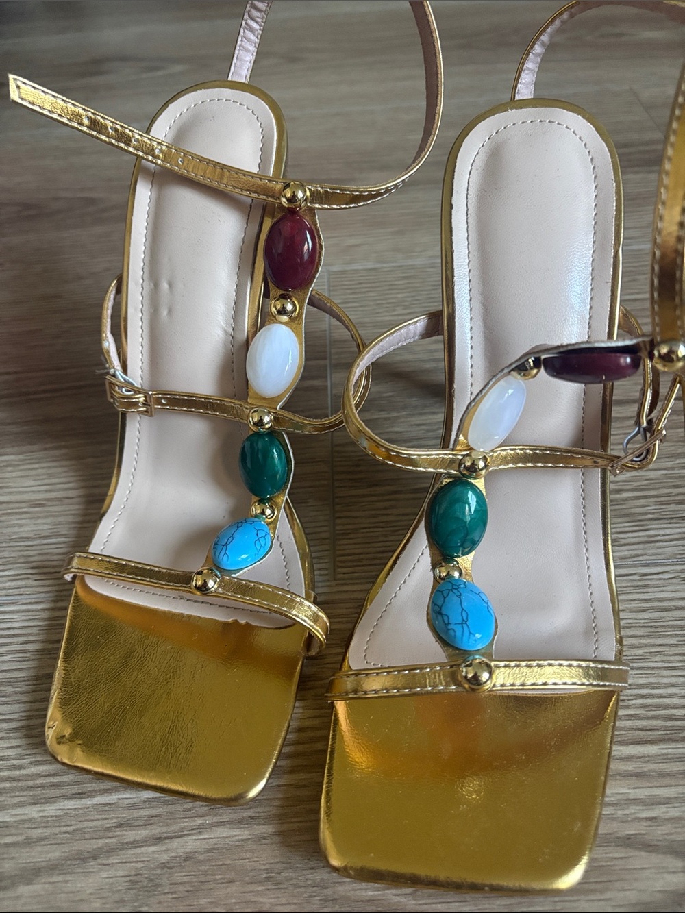 Gold Strappy Women’s Heeled Sandals with Multi-Color Gem Accents
